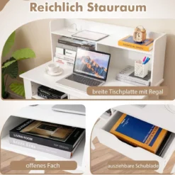 Schreibtisch mit Steckdosen Kleiner Computertisch mit Aufsatz 95 x 56 x 109,5 cm Weiß/Schwarz