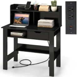 Schreibtisch mit Steckdosen Kleiner Computertisch mit Aufsatz 95 x 56 x 109,5 cm Weiß/Schwarz