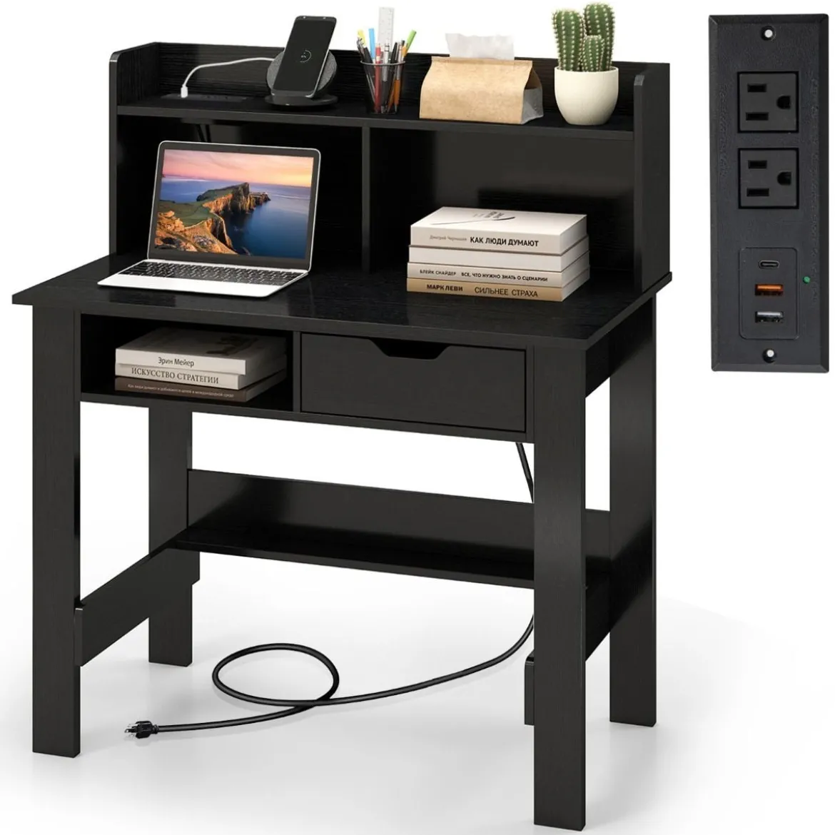 Schreibtisch mit Steckdosen Kleiner Computertisch mit Aufsatz 95 x 56 x 109,5 cm Weiß/Schwarz