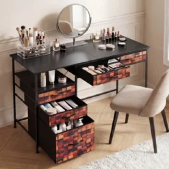 Schreibtisch mit 5 Stoffschubladen Computertisch mit Regal PC Tisch für kleine Räume Braun