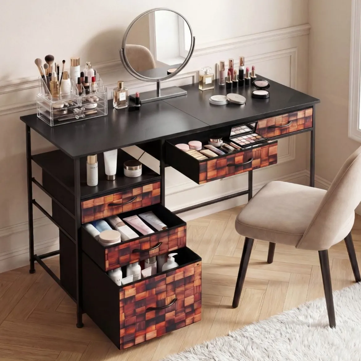 Schreibtisch mit 5 Stoffschubladen Computertisch mit Regal PC Tisch für kleine Räume Braun