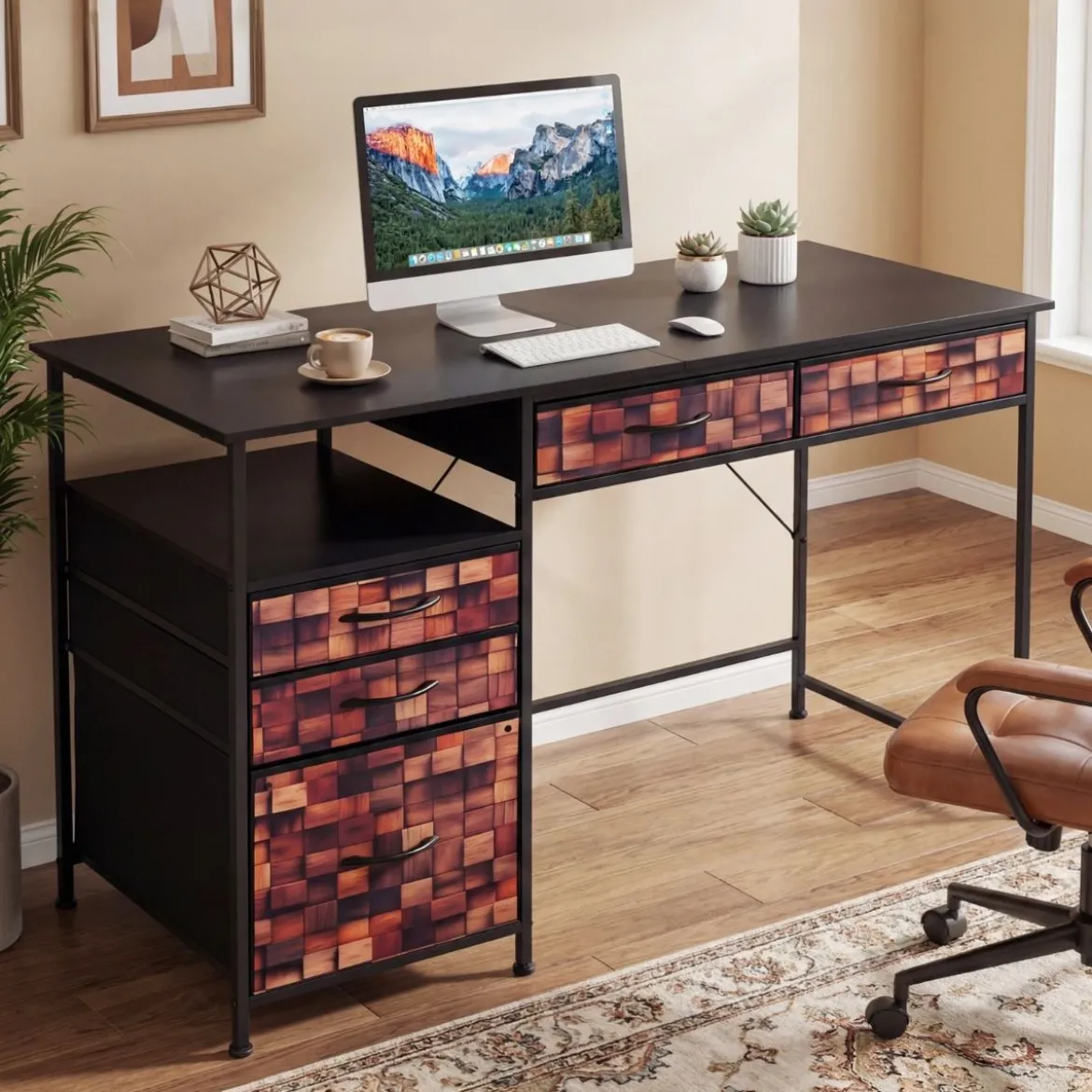 Schreibtisch mit 5 Stoffschubladen Computertisch mit Regal PC Tisch für kleine Räume Braun