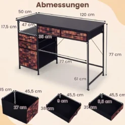 Schreibtisch mit 5 Stoffschubladen Computertisch mit Regal PC Tisch für kleine Räume Braun