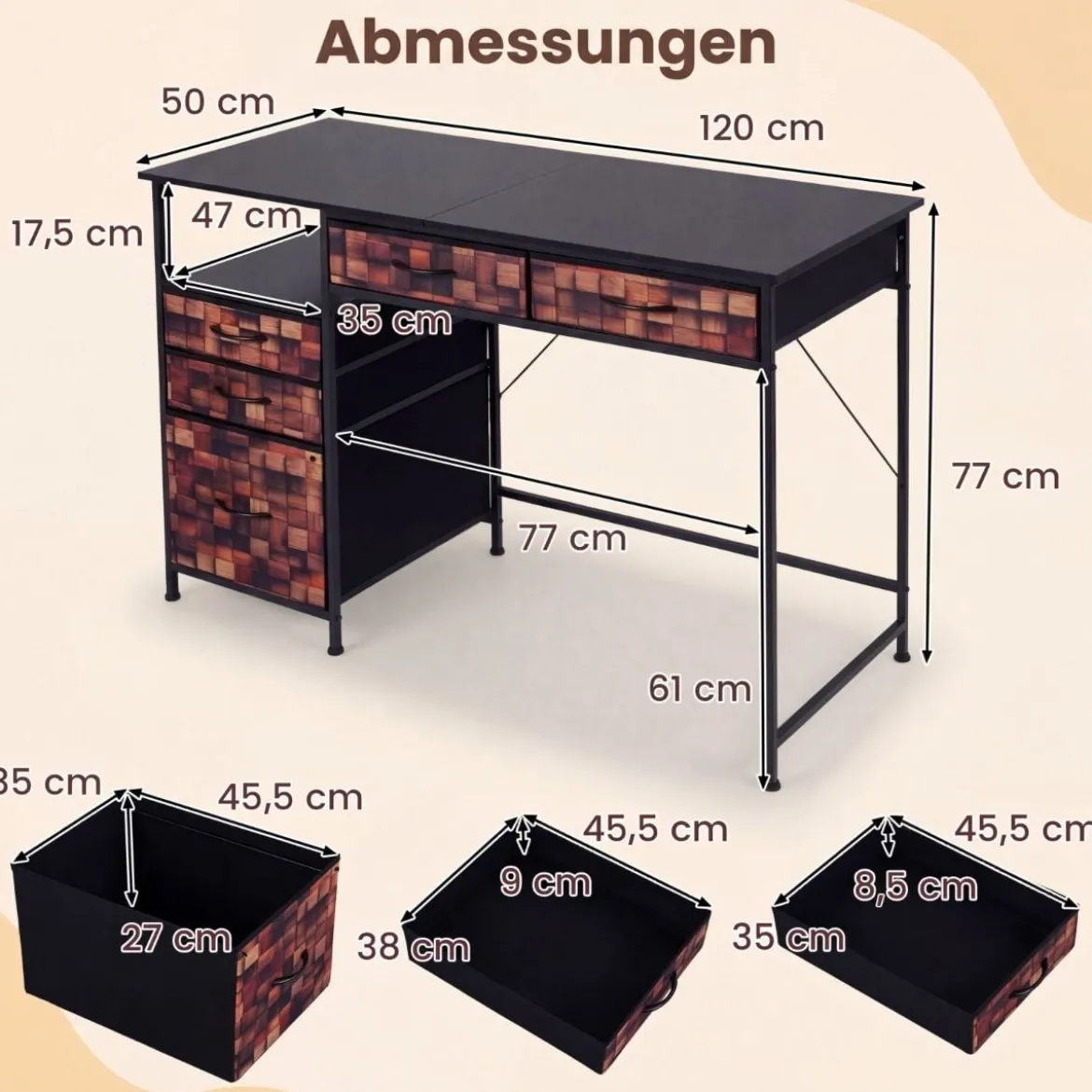 Schreibtisch mit 5 Stoffschubladen Computertisch mit Regal PC Tisch für kleine Räume Braun