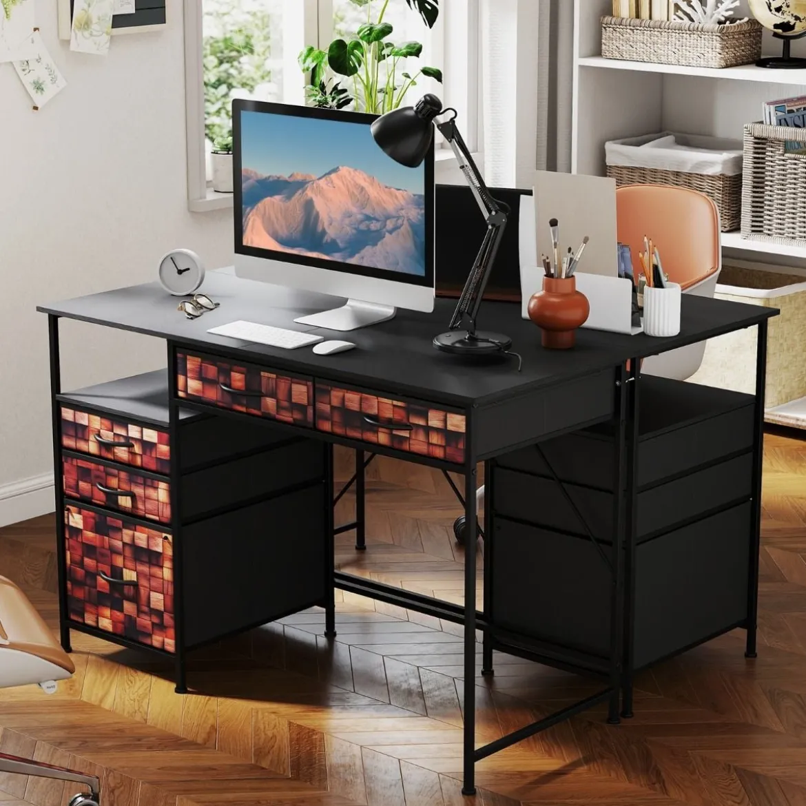 Schreibtisch mit 5 Stoffschubladen Computertisch mit Regal PC Tisch für kleine Räume Braun