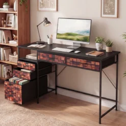 Schreibtisch mit 5 Stoffschubladen Computertisch mit Regal PC Tisch für kleine Räume Braun