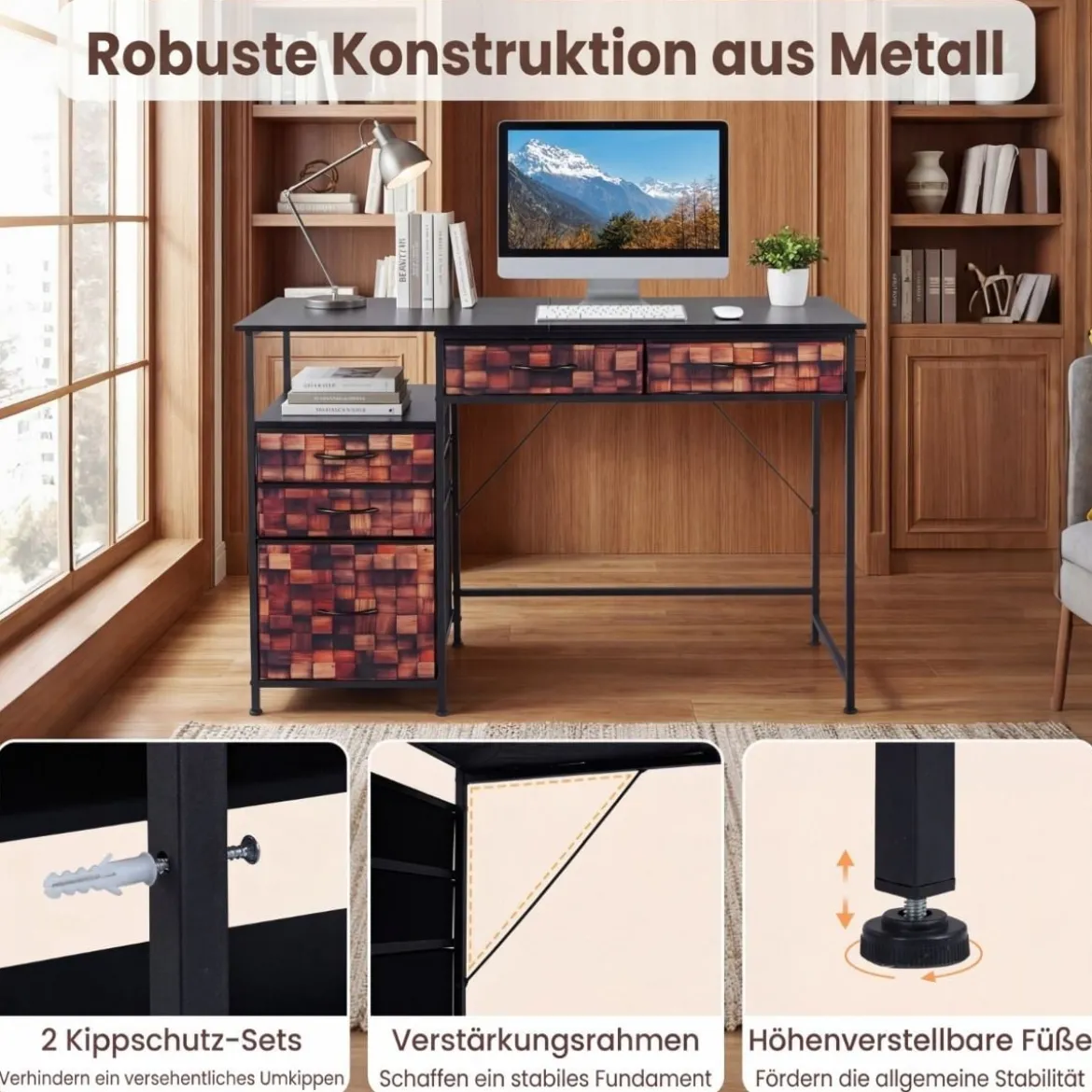 Schreibtisch mit 5 Stoffschubladen Computertisch mit Regal PC Tisch für kleine Räume Braun