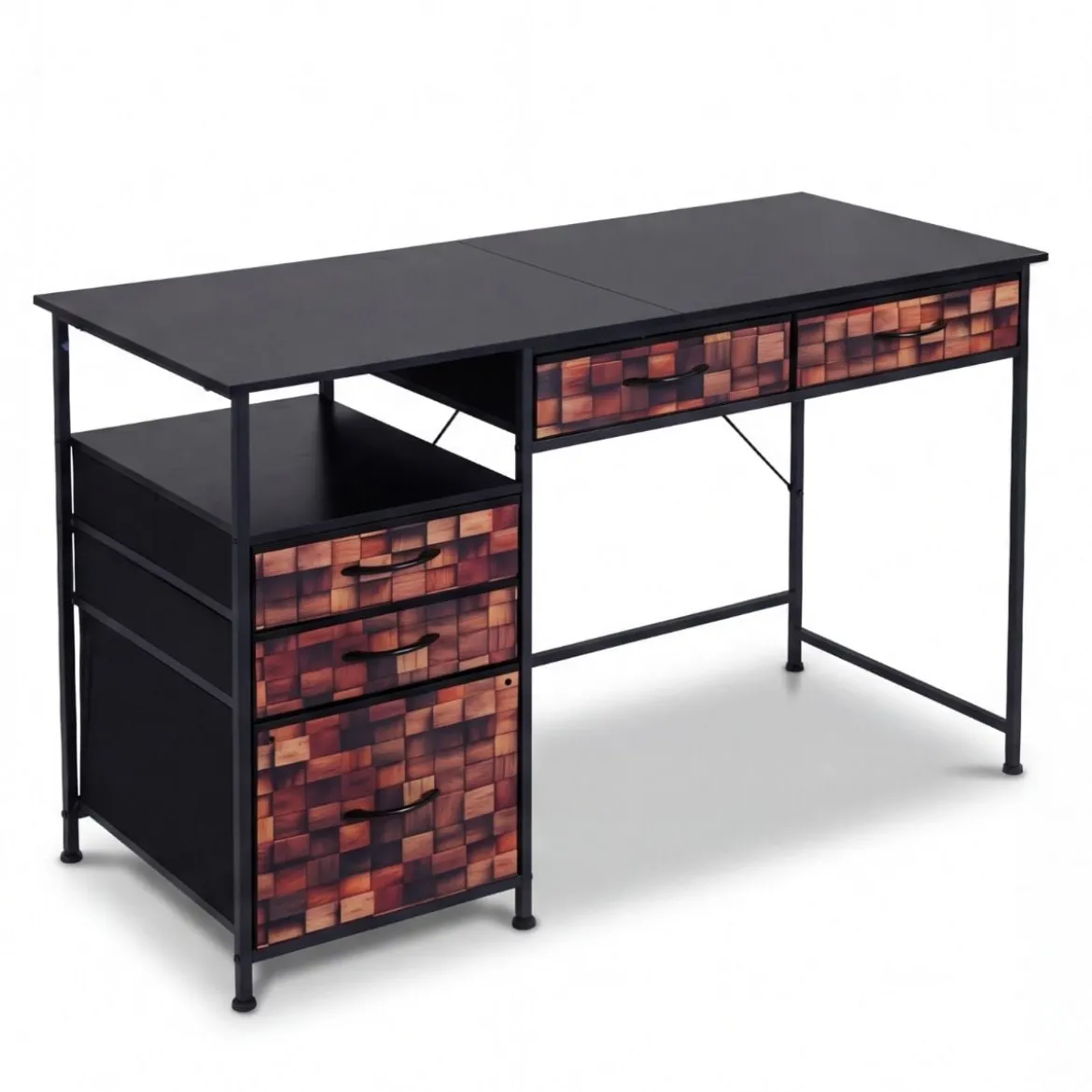 Schreibtisch mit 5 Stoffschubladen Computertisch mit Regal PC Tisch für kleine Räume Braun