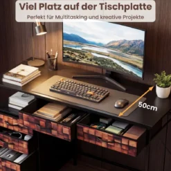 Schreibtisch mit 5 Stoffschubladen Computertisch mit Regal PC Tisch für kleine Räume Braun