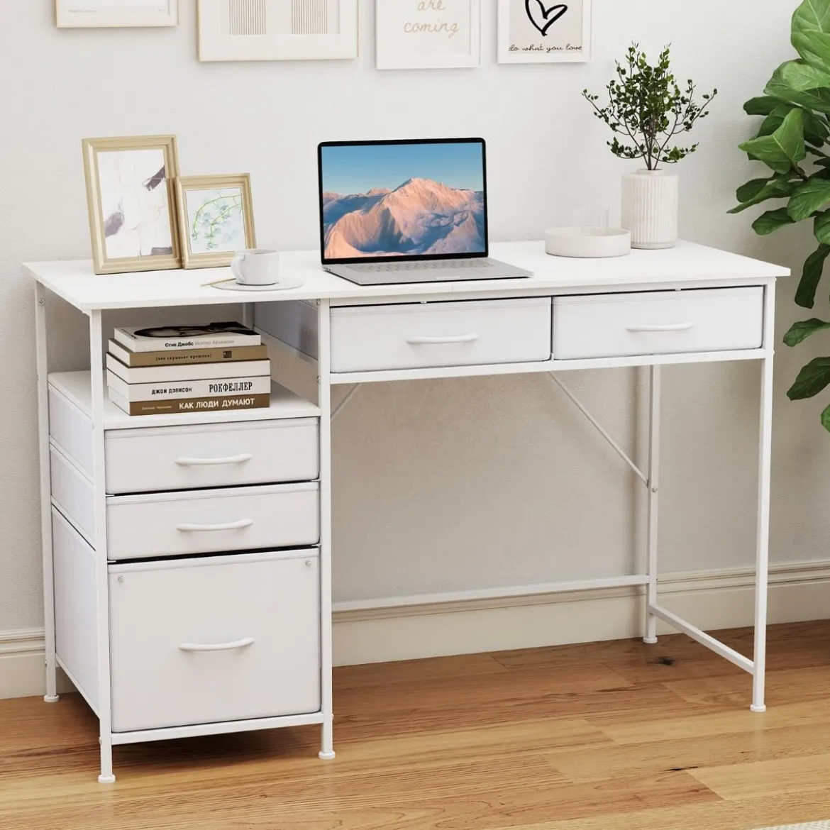 Schreibtisch mit 5 Stoffschubladen Computertisch mit Regal PC Tisch für kleine Räume Weiß