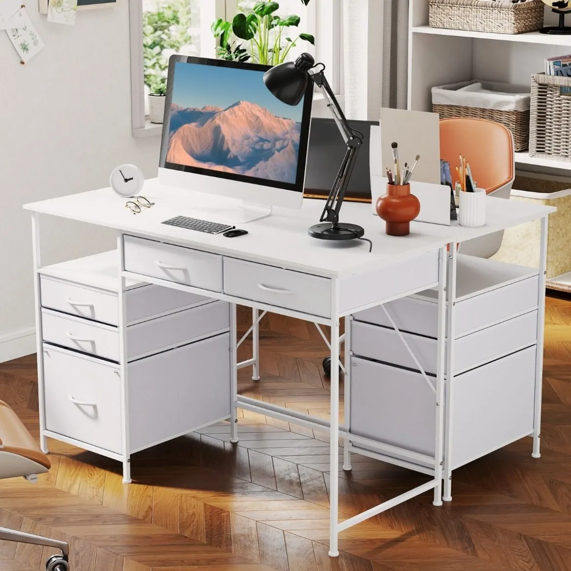 Schreibtisch mit 5 Stoffschubladen Computertisch mit Regal PC Tisch für kleine Räume Weiß