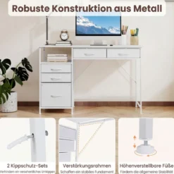 Schreibtisch mit 5 Stoffschubladen Computertisch mit Regal PC Tisch für kleine Räume Weiß