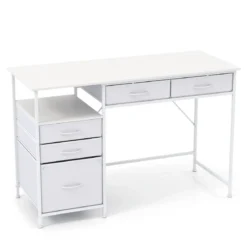 Schreibtisch mit 5 Stoffschubladen Computertisch mit Regal PC Tisch für kleine Räume Weiß