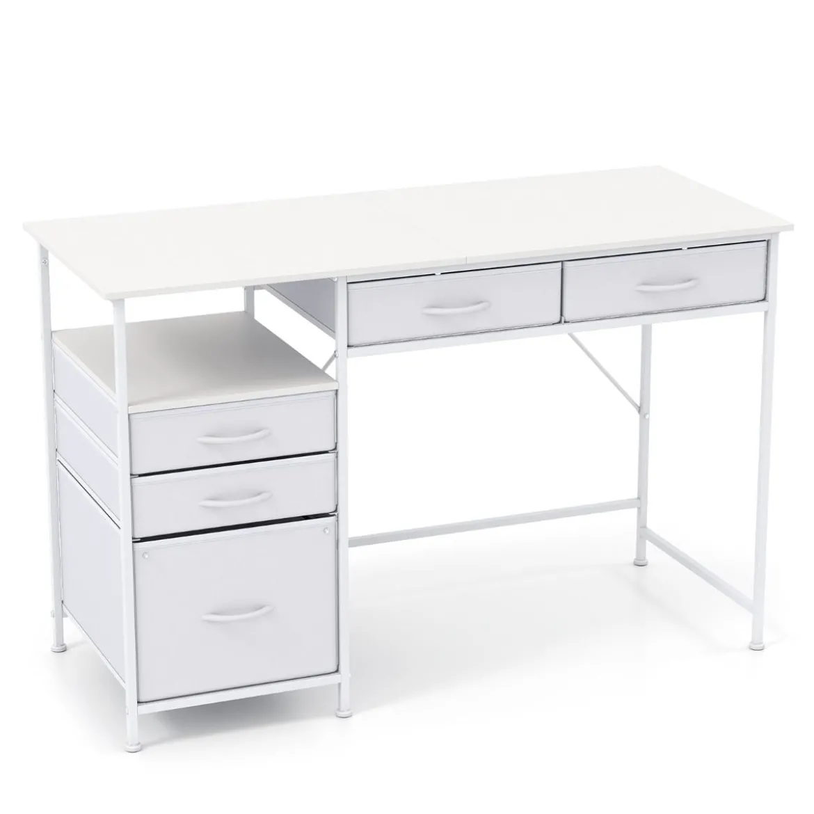 Schreibtisch mit 5 Stoffschubladen Computertisch mit Regal PC Tisch für kleine Räume Weiß