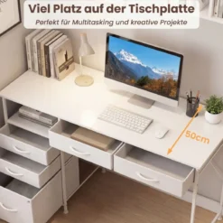 Schreibtisch mit 5 Stoffschubladen Computertisch mit Regal PC Tisch für kleine Räume Weiß