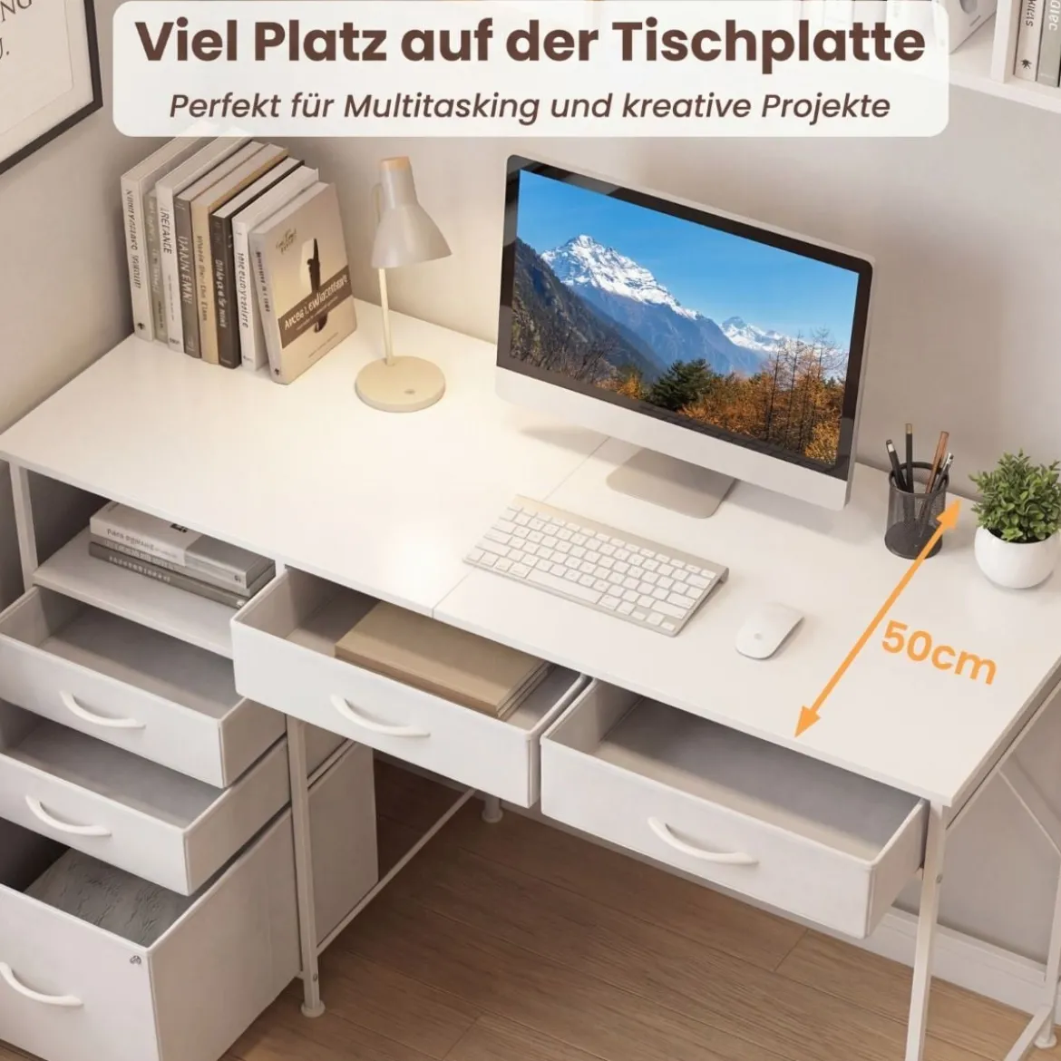 Schreibtisch mit 5 Stoffschubladen Computertisch mit Regal PC Tisch für kleine Räume Weiß