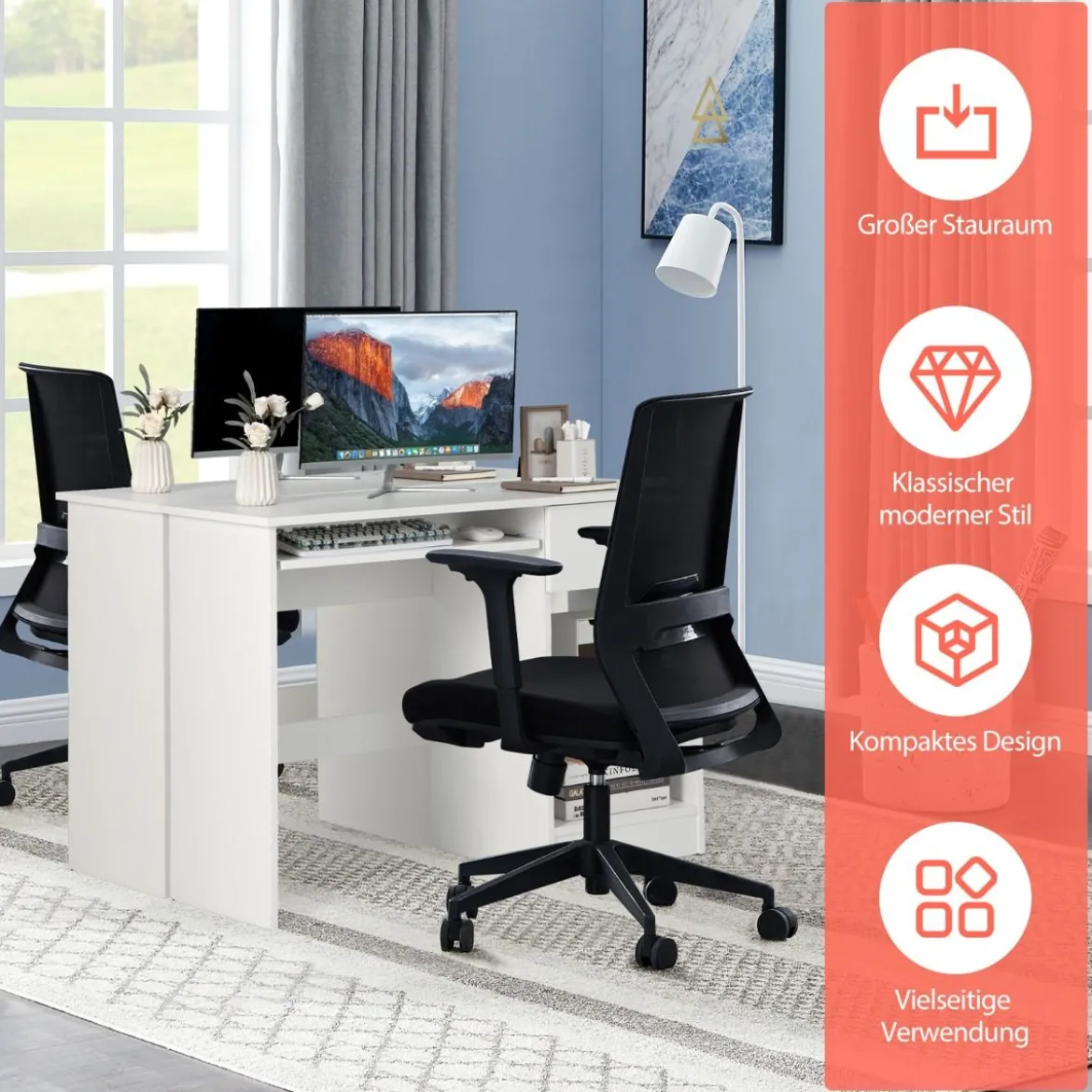 Schreibtisch mit Tastaturablage & Schublade & Verstellbarem Regal Computertisch 108 x 48 x 75 cm Weiß