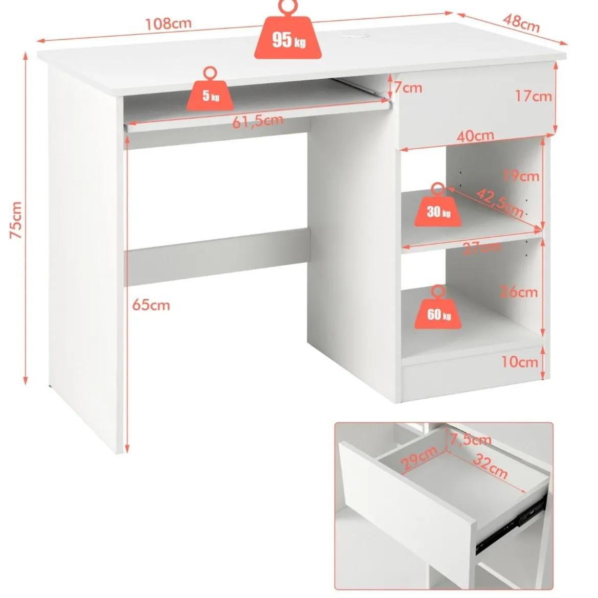 Schreibtisch mit Tastaturablage & Schublade & Verstellbarem Regal Computertisch 108 x 48 x 75 cm Weiß