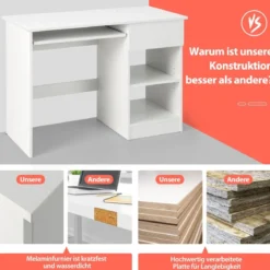 Schreibtisch mit Tastaturablage & Schublade & Verstellbarem Regal Computertisch 108 x 48 x 75 cm Weiß