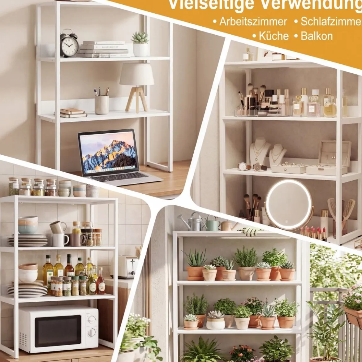 Schreibtischregal mit Absturzsicherung & Verstellbaren Fußpolstern 3-stufiges Bücherregal Weiß