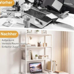Schreibtischregal mit Absturzsicherung & Verstellbaren Fußpolstern 3-stufiges Bücherregal Weiß