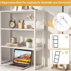 Schreibtischregal mit Absturzsicherung & Verstellbaren Fußpolstern 3-stufiges Bücherregal Weiß