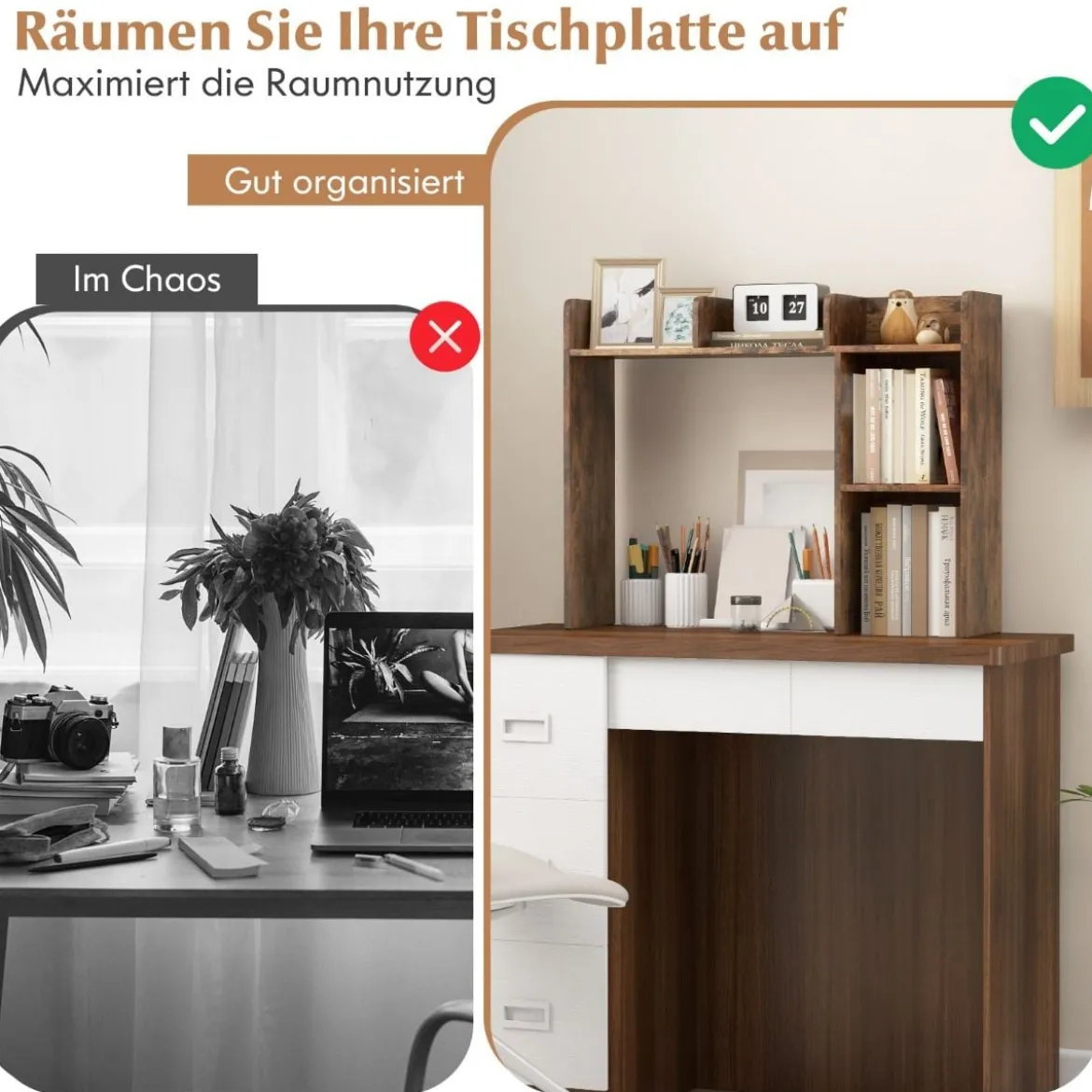 Schreibtischregal Tischregal mit 4 Ablagen und offenem Fach 94 x 25 x 74 cm Rustikales Braun/Natur/Weiß