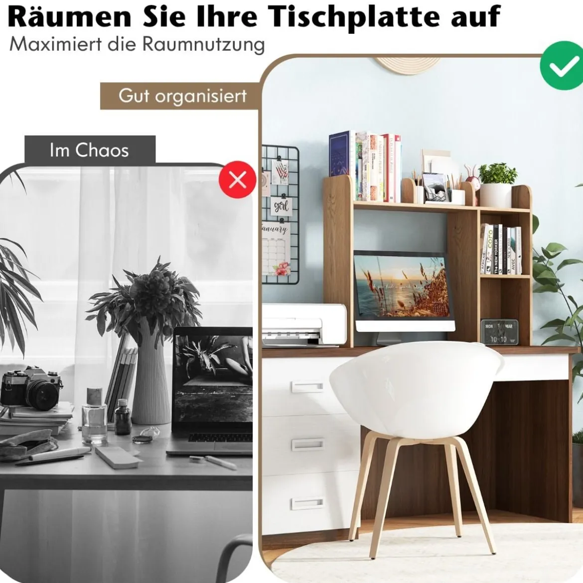 Schreibtischregal Tischregal mit 4 Ablagen und offenem Fach 94 x 25 x 74 cm Rustikales Braun/Natur/Weiß