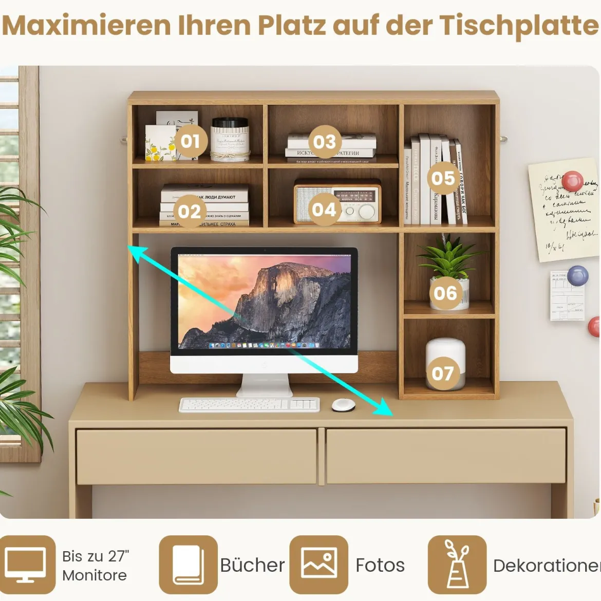 Schreibtischregal Tischregal mit 7 Fächern Schreibtisch Aufsatzregal für Monitore bis zu 27"94 x 25 x 79 cm Natur