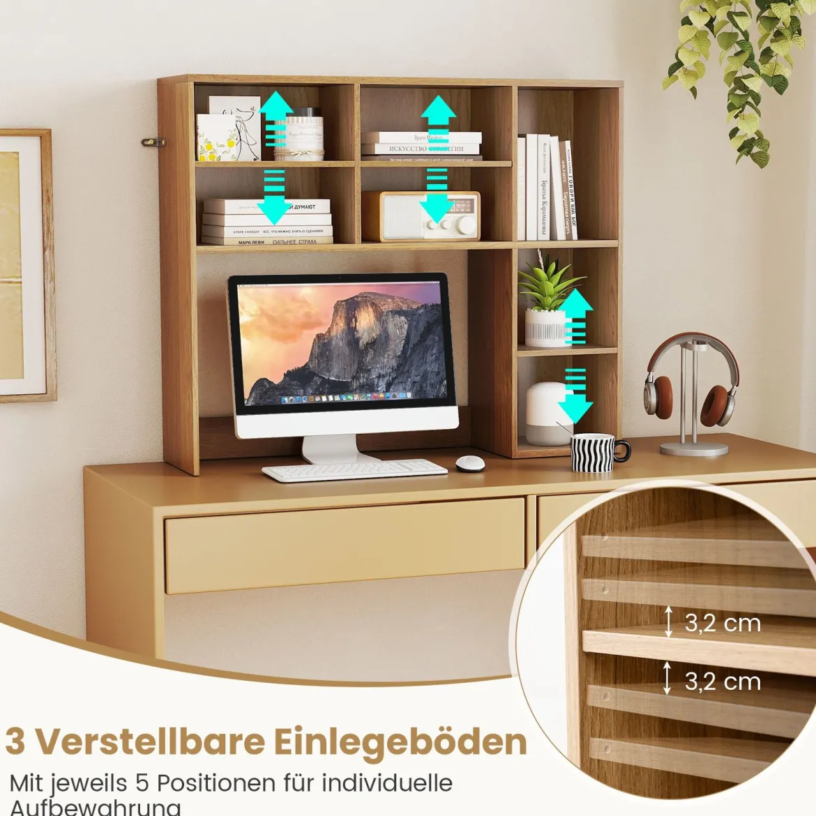 Schreibtischregal Tischregal mit 7 Fächern Schreibtisch Aufsatzregal für Monitore bis zu 27"94 x 25 x 79 cm Natur