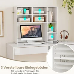Schreibtischregal Tischregal mit 7 Fächern Schreibtisch Aufsatzregal Bücherregal Weiß