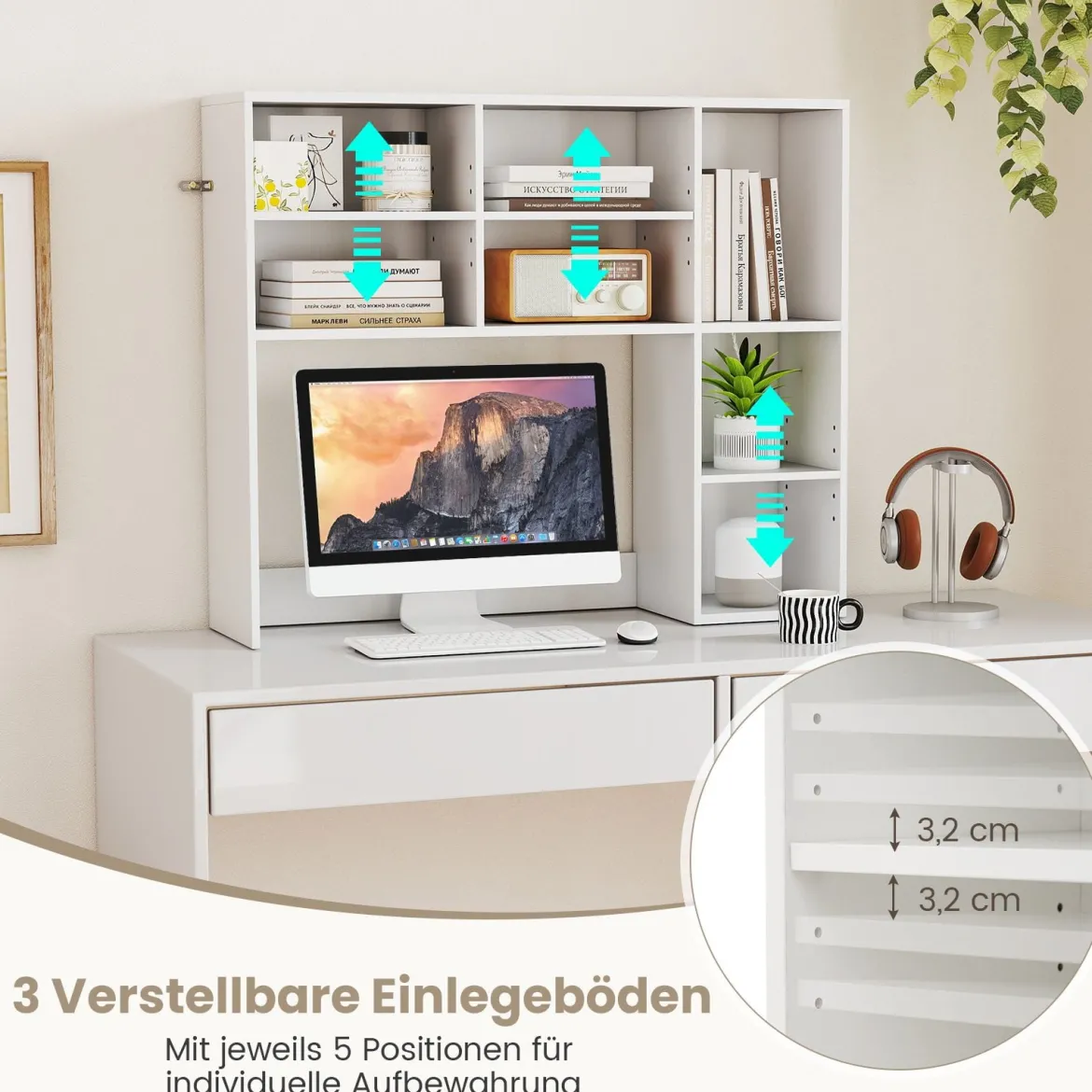 Schreibtischregal Tischregal mit 7 Fächern Schreibtisch Aufsatzregal Bücherregal Weiß