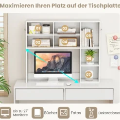 Schreibtischregal Tischregal mit 7 Fächern Schreibtisch Aufsatzregal Bücherregal Weiß