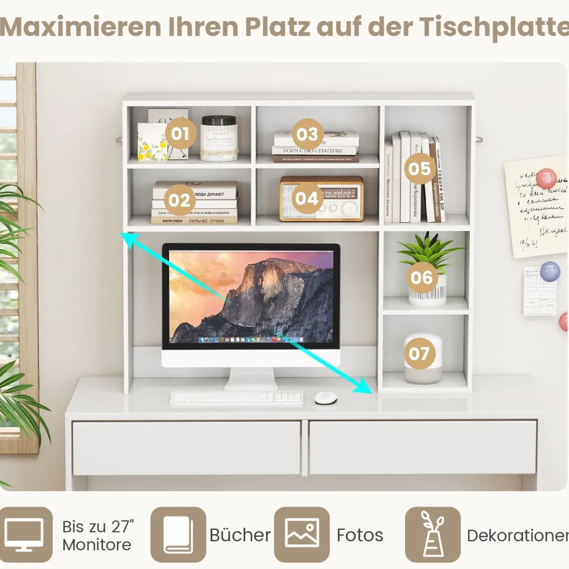 Schreibtischregal Tischregal mit 7 Fächern Schreibtisch Aufsatzregal Bücherregal Weiß