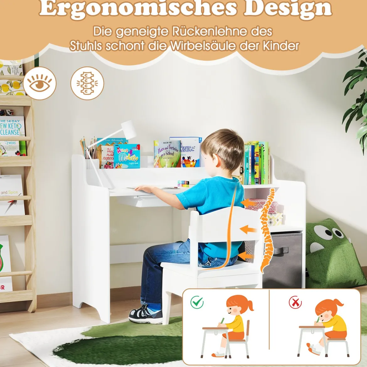 Schreibtisch- & Stuhlset für Kinder Schülertisch mit offenen Regalen Schublade & Stoffbehälter Weiß