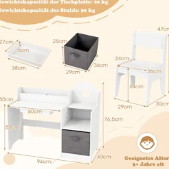Schreibtisch- & Stuhlset für Kinder Schülertisch mit offenen Regalen Schublade & Stoffbehälter Weiß