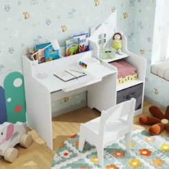 Schreibtisch- & Stuhlset für Kinder Schülertisch mit offenen Regalen Schublade & Stoffbehälter Weiß