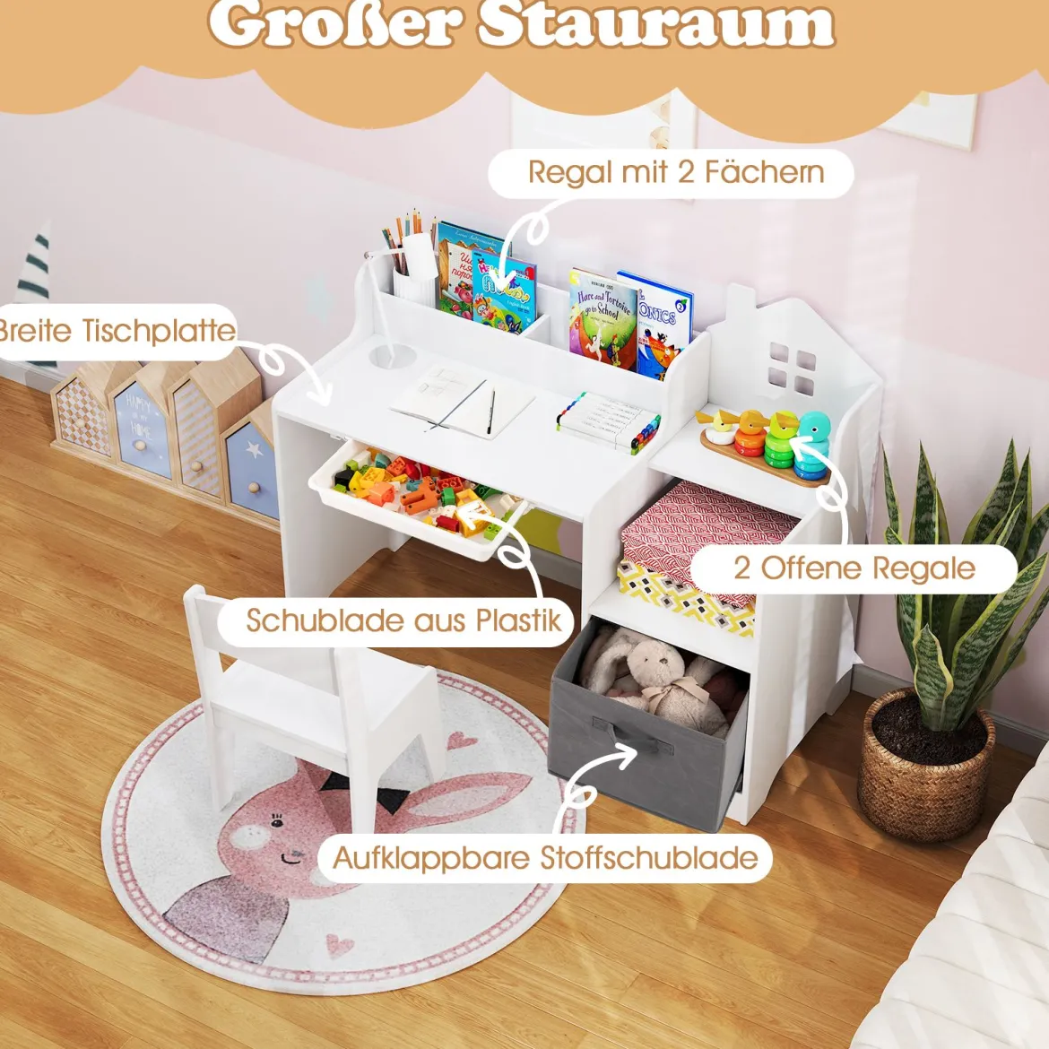 Schreibtisch- & Stuhlset für Kinder Schülertisch mit offenen Regalen Schublade & Stoffbehälter Weiß