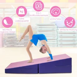 Schräge Gymnastikmatte keilförmige Weichbodenmatte klappbar 2 in 1 Turnmatte mit Tragegriff 150 x 75 x 36 cm Rosa+Lila