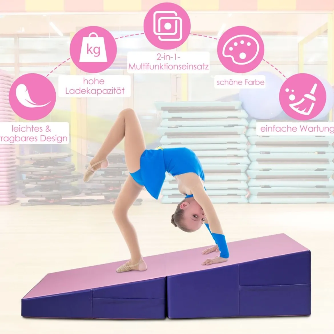 Schräge Gymnastikmatte keilförmige Weichbodenmatte klappbar 2 in 1 Turnmatte mit Tragegriff 150 x 75 x 36 cm Rosa+Lila