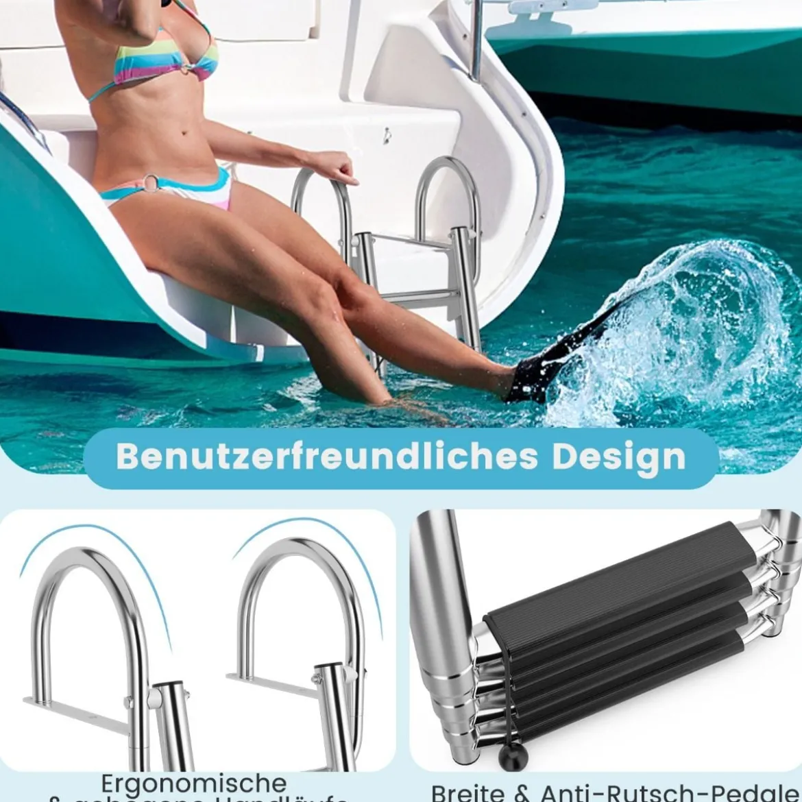 4-Schritt Pontonboot Leiter mit Gebogenen Handläufen & Rutschfesten Stufen 40,5 x 36 x 32,5 cm