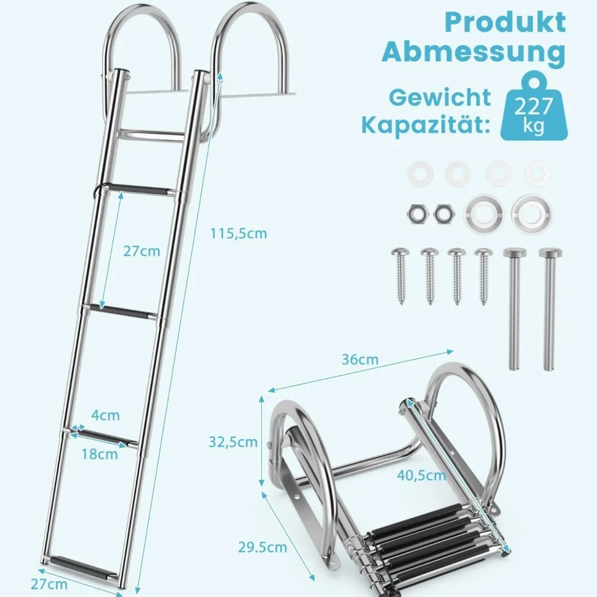 4-Schritt Pontonboot Leiter mit Gebogenen Handläufen & Rutschfesten Stufen 40,5 x 36 x 32,5 cm