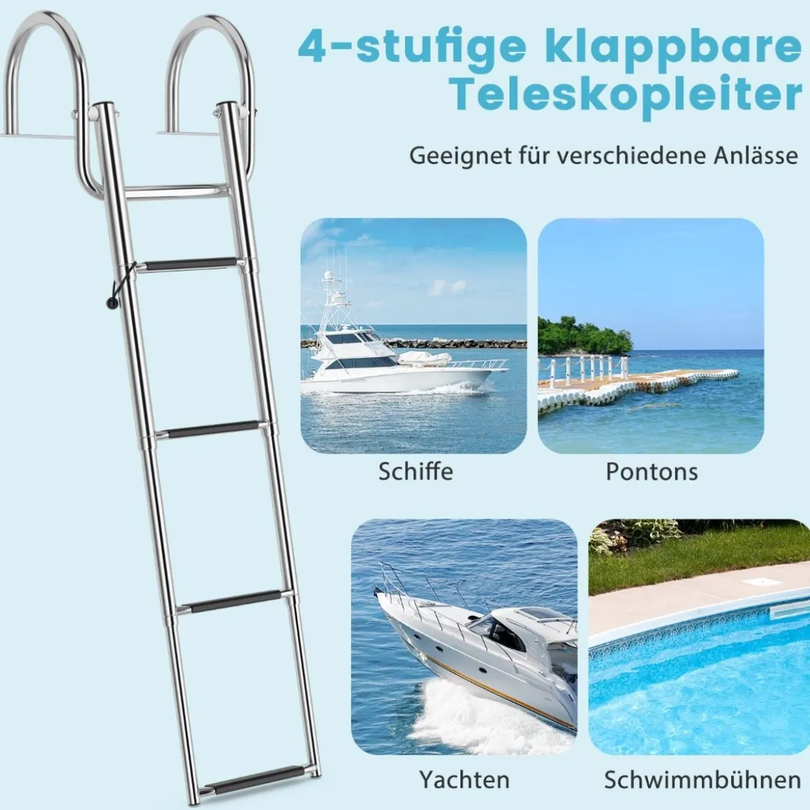 4-Schritt Pontonboot Leiter mit Gebogenen Handläufen & Rutschfesten Stufen 40,5 x 36 x 32,5 cm