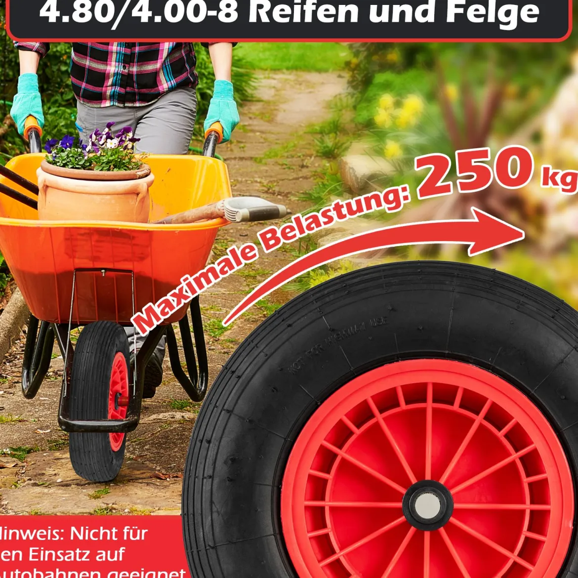 Schubkarrenrad 4.80/4.00-8 Ø 400 mm Vollgummi Sackkarrenrad bis 250 kg belastbar Schwarz