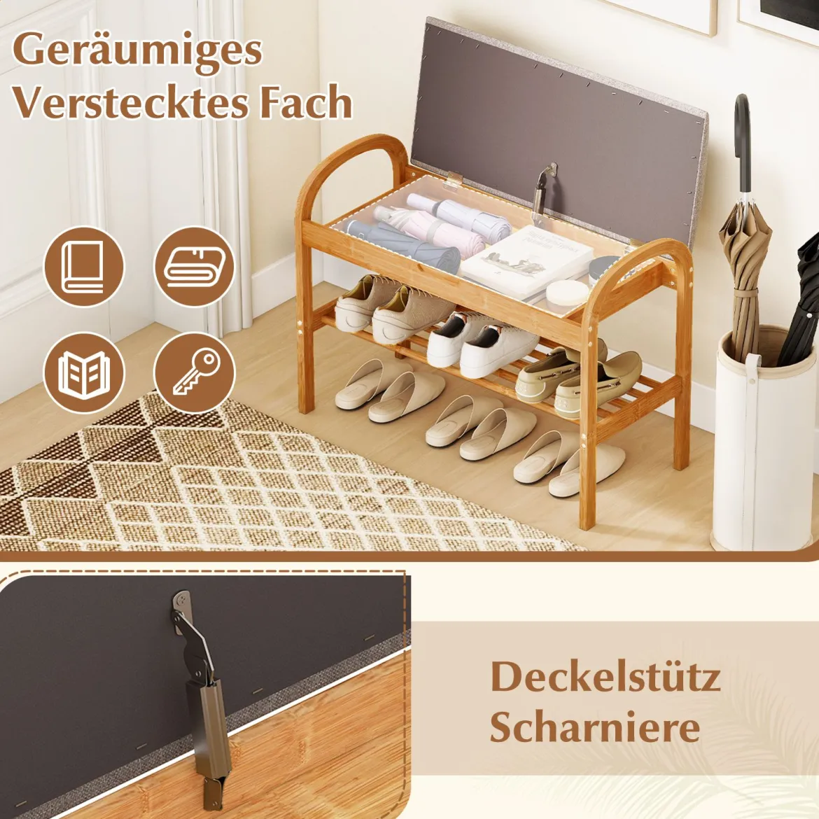 Schuhbank aus Bambus mit Stauraum 2-stufiges Schuhregal mit gepolstertem Sitzkissen 70 x 31,5 x 51 cm Natur & Grau