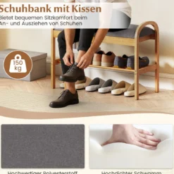Schuhbank aus Bambus mit Stauraum 2-stufiges Schuhregal mit gepolstertem Sitzkissen 70 x 31,5 x 51 cm Natur & Grau