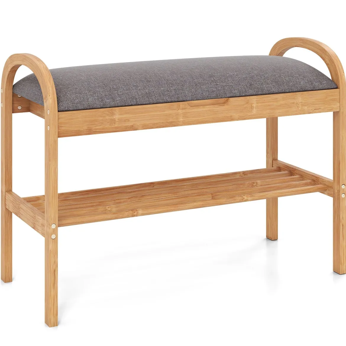 Schuhbank aus Bambus mit Stauraum 2-stufiges Schuhregal mit gepolstertem Sitzkissen 70 x 31,5 x 51 cm Natur & Grau