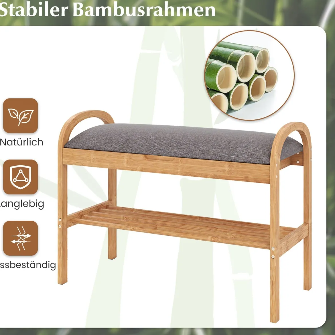 Schuhbank aus Bambus mit Stauraum 2-stufiges Schuhregal mit gepolstertem Sitzkissen 70 x 31,5 x 51 cm Natur & Grau
