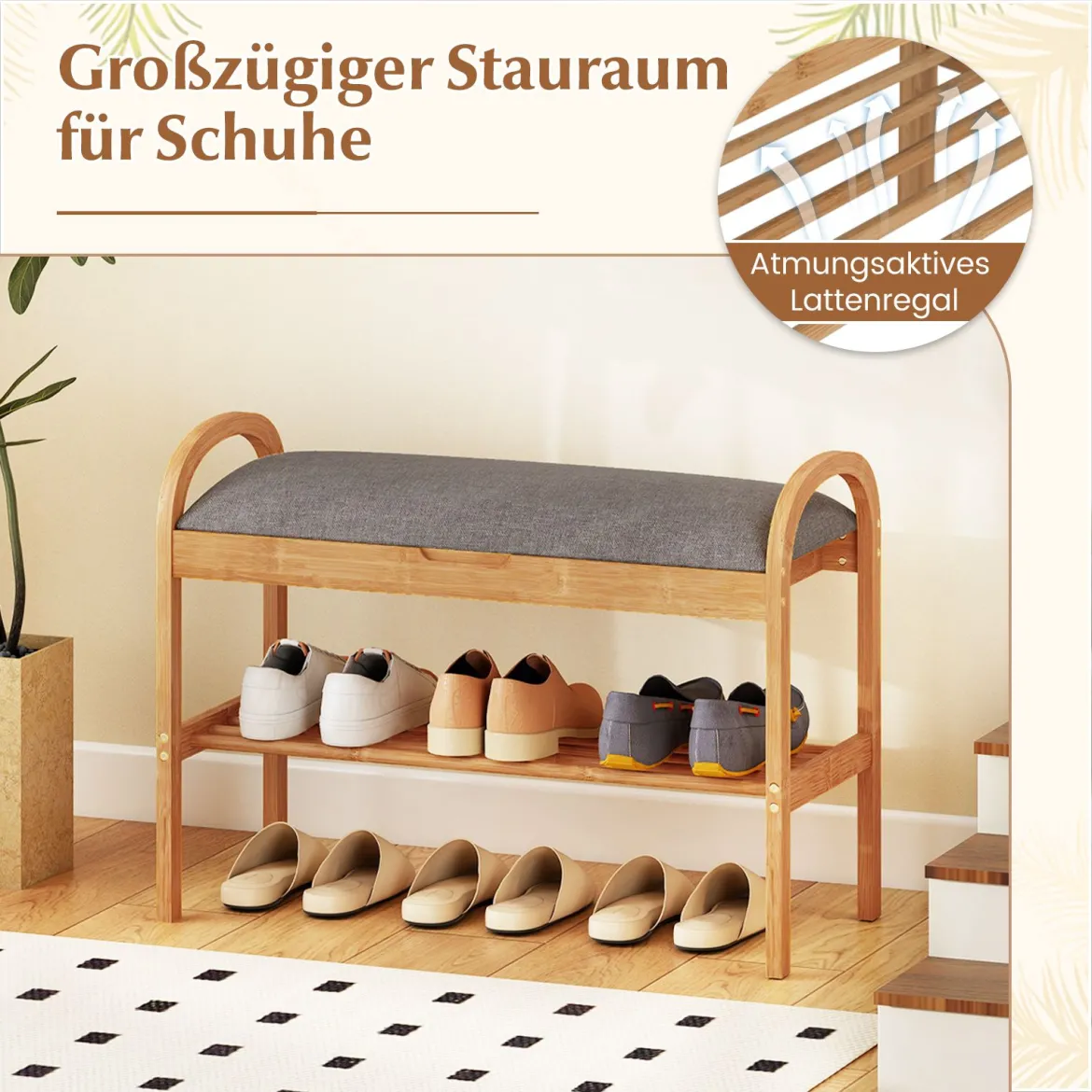 Schuhbank aus Bambus mit Stauraum 2-stufiges Schuhregal mit gepolstertem Sitzkissen 70 x 31,5 x 51 cm Natur & Grau