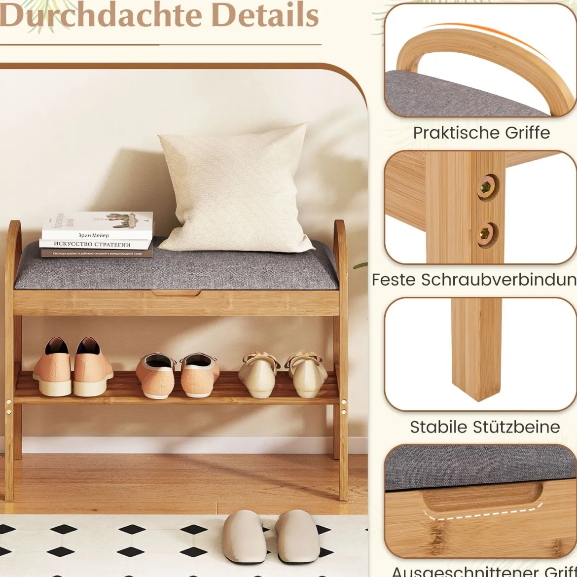 Schuhbank aus Bambus mit Stauraum 2-stufiges Schuhregal mit gepolstertem Sitzkissen 70 x 31,5 x 51 cm Natur & Grau